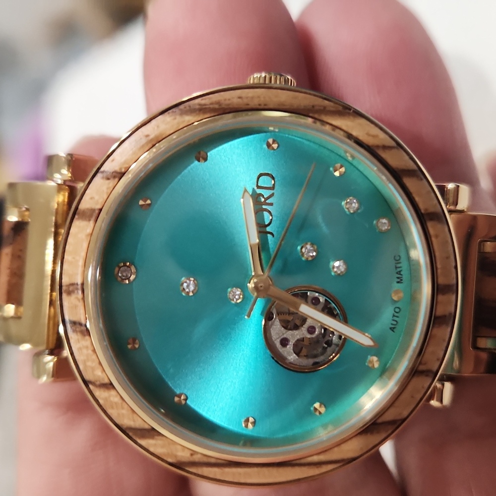 JORD Gold and Teal Zebrawood And Swarovski Crystal Watch